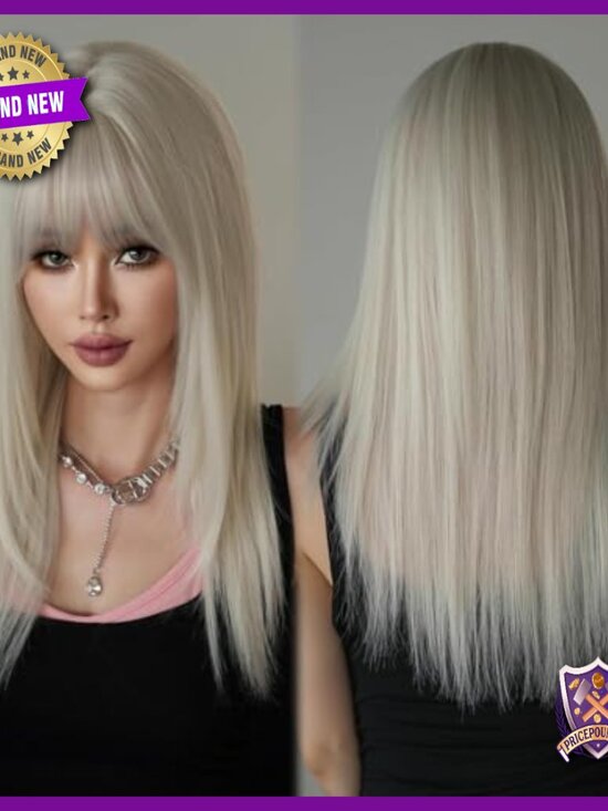 Long Straight Human Hair Wig with Bangs, Layered, Heat Resistant, Lightweight main image 5